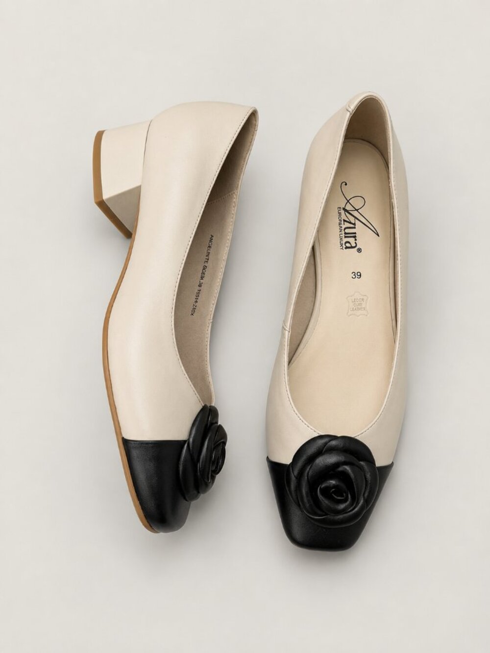Azura Leather Cap Toe Rose Flats Size 39 Cream Black Block Heel Quiet Luxury